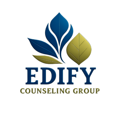 Logo of EDIFY Counseling Group with leaves and text on a white background