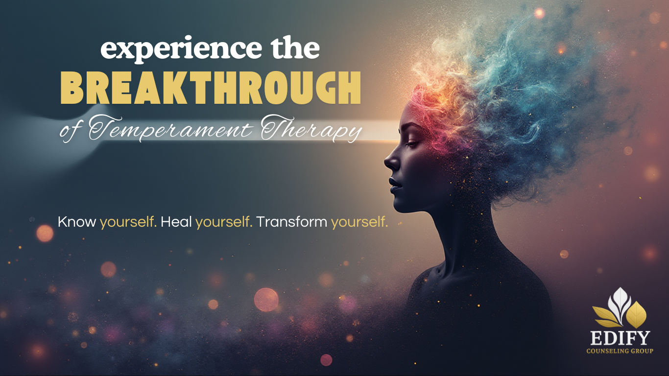 Edify Counseling image for 'Experience the Breakthrough of Temperament Therapy' with a silhouette of a person and colorful hair, featuring the Edify logo.

